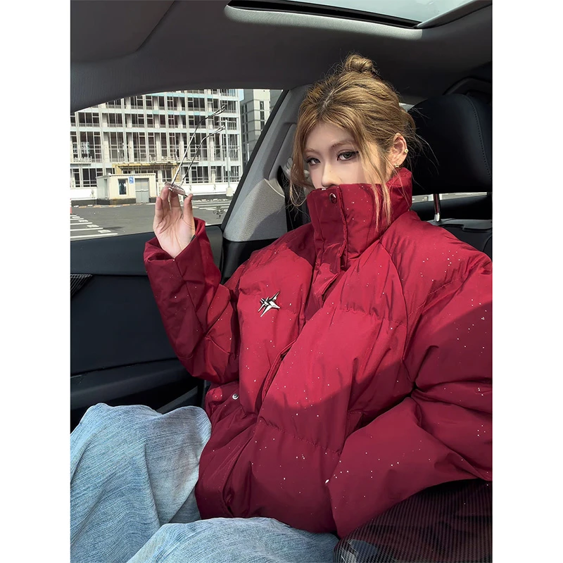 美式高街红色满天星棉服男冬加厚保暖短款面包服潮牌宽松棉衣外套