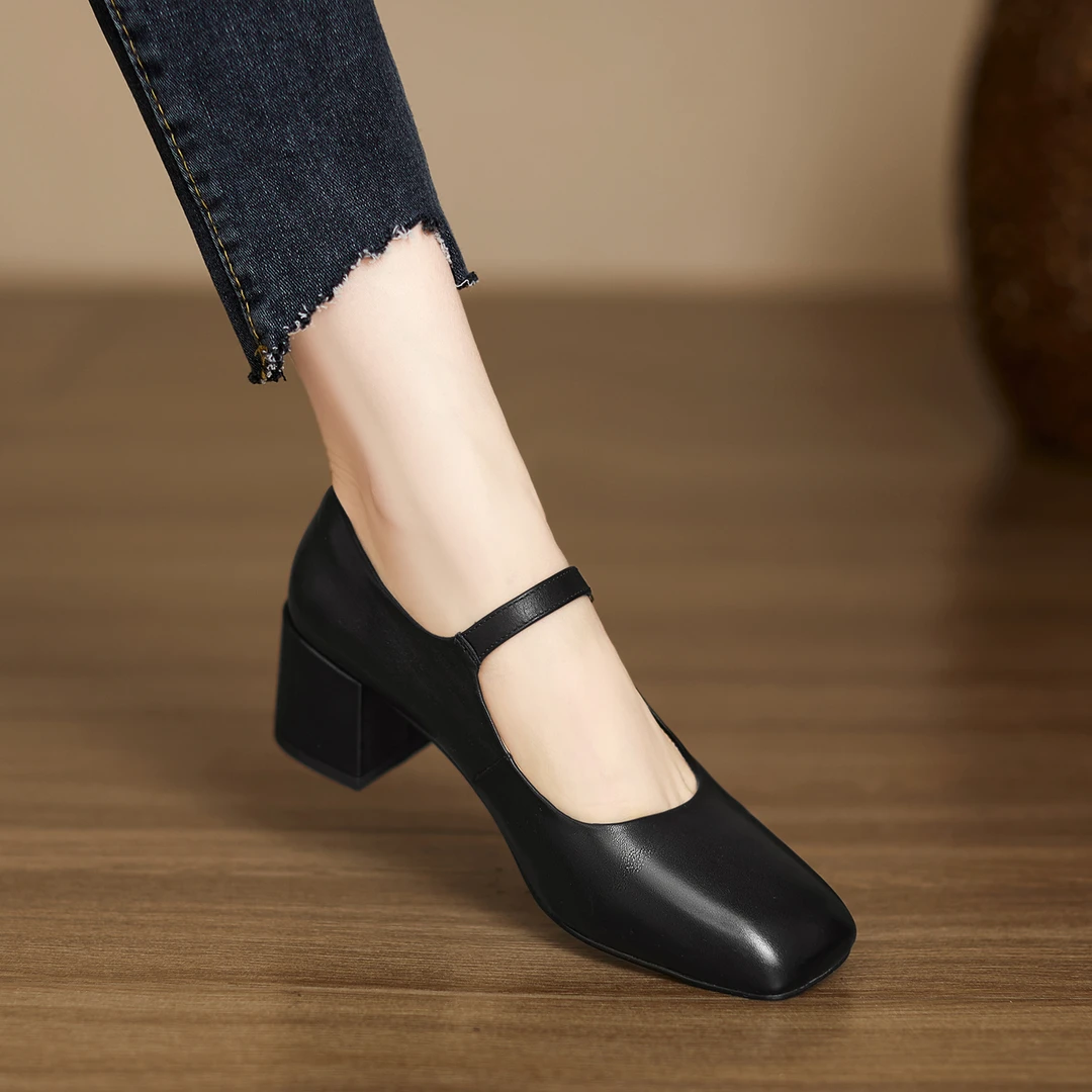 5.5cm~法式复古玛丽珍鞋女2025新款软底女鞋方头浅口粗跟单鞋真皮