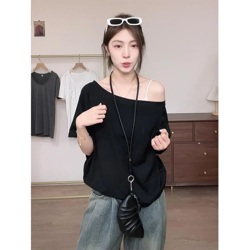 张婧仪同款黑色一字肩短袖T恤女夏纯欲斜领露肩宽松显瘦别致上衣