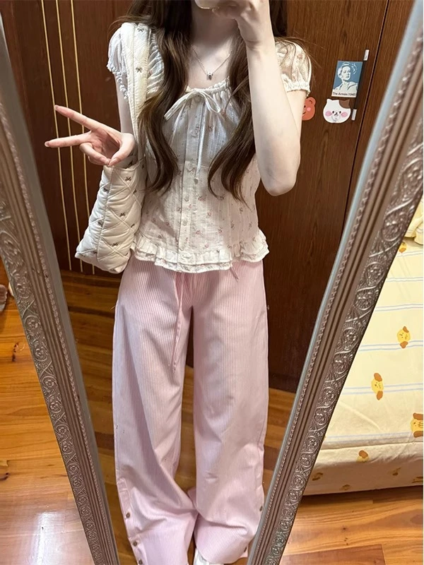 【DMXJ大梦想家】甜美少女碎花睡衣女装夏季新款条纹长裤居家服套装