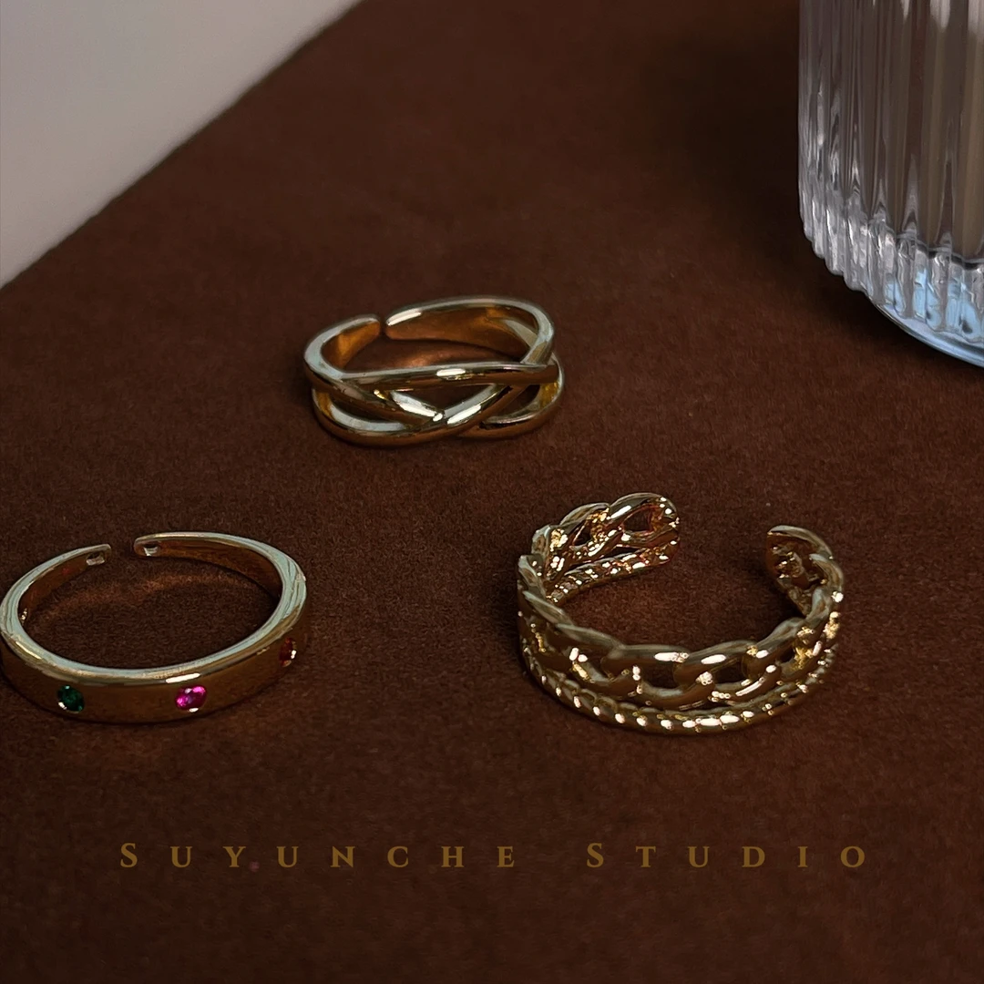 铜合金合成锆石戒指 Suyunche2420绿金色复古开口戒指多款可选