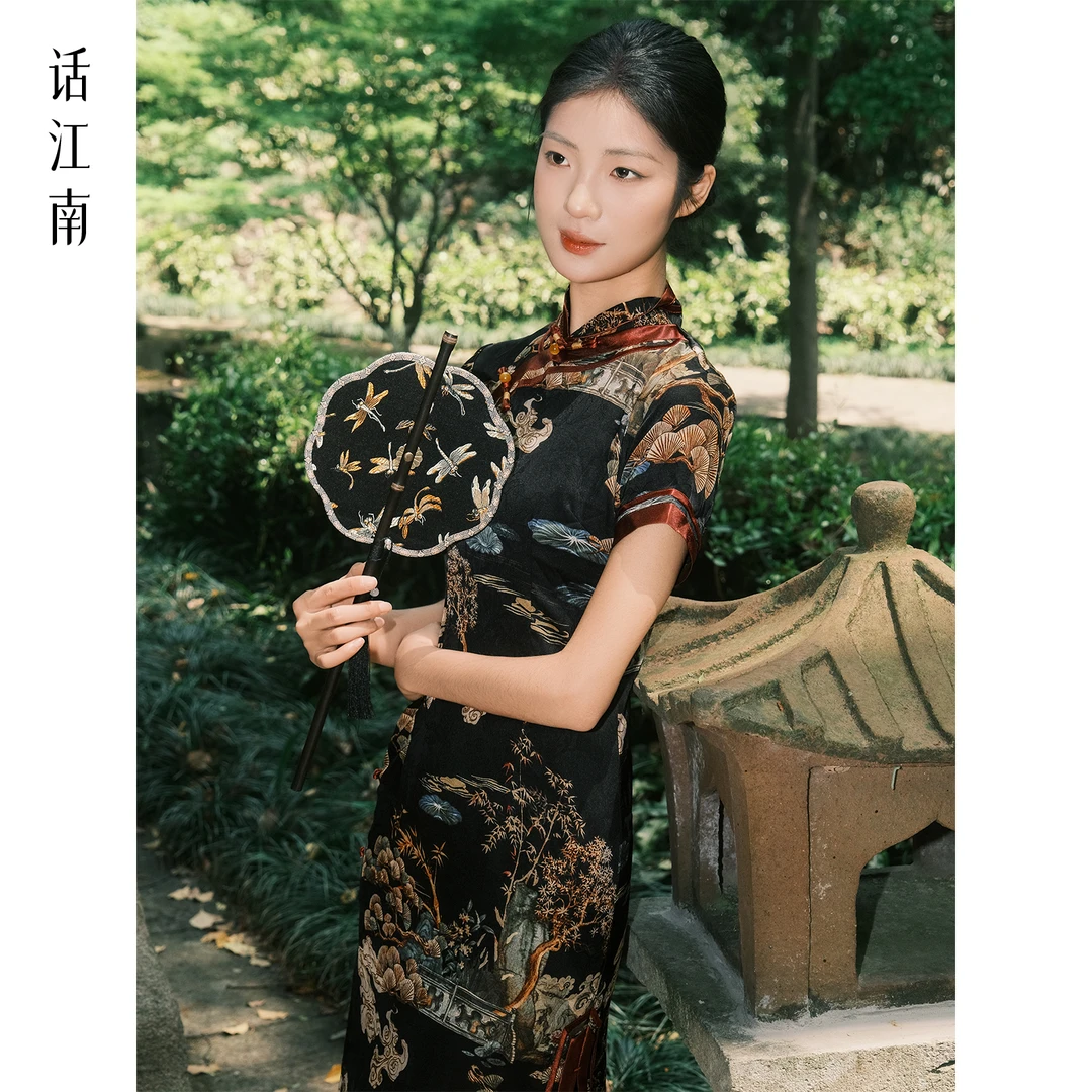 【话江南】短袖低开衩斜襟高开衩旗袍走秀气质提花春季显瘦复古
