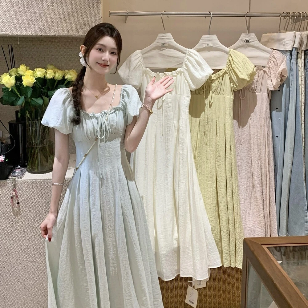 Cute Club 甜美风木耳边系带泡泡袖连衣裙女夏季收腰显瘦百搭裙子