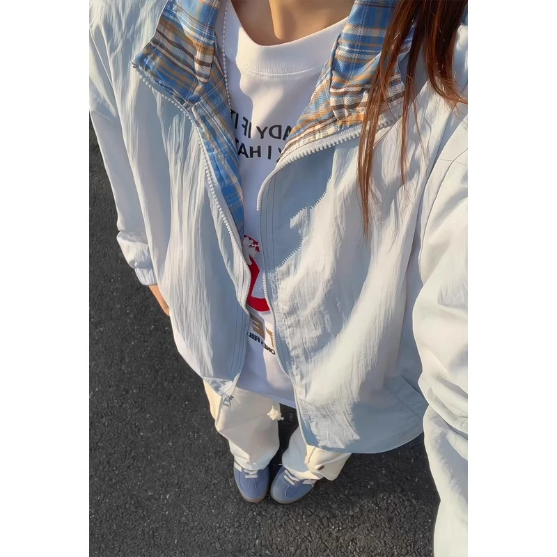 UPF50+美式格子拼接防晒衣男女夏季轻薄透气冰丝户外情侣夹克外套