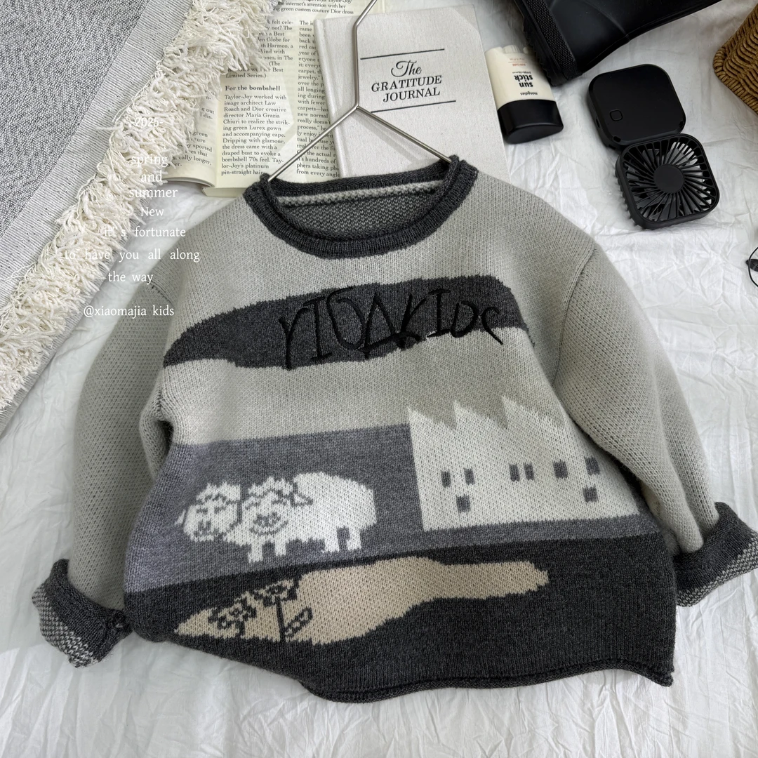 小马家2025秋款针织百搭圆领套头毛衣S-6307休闲宽松毛衣男女宝