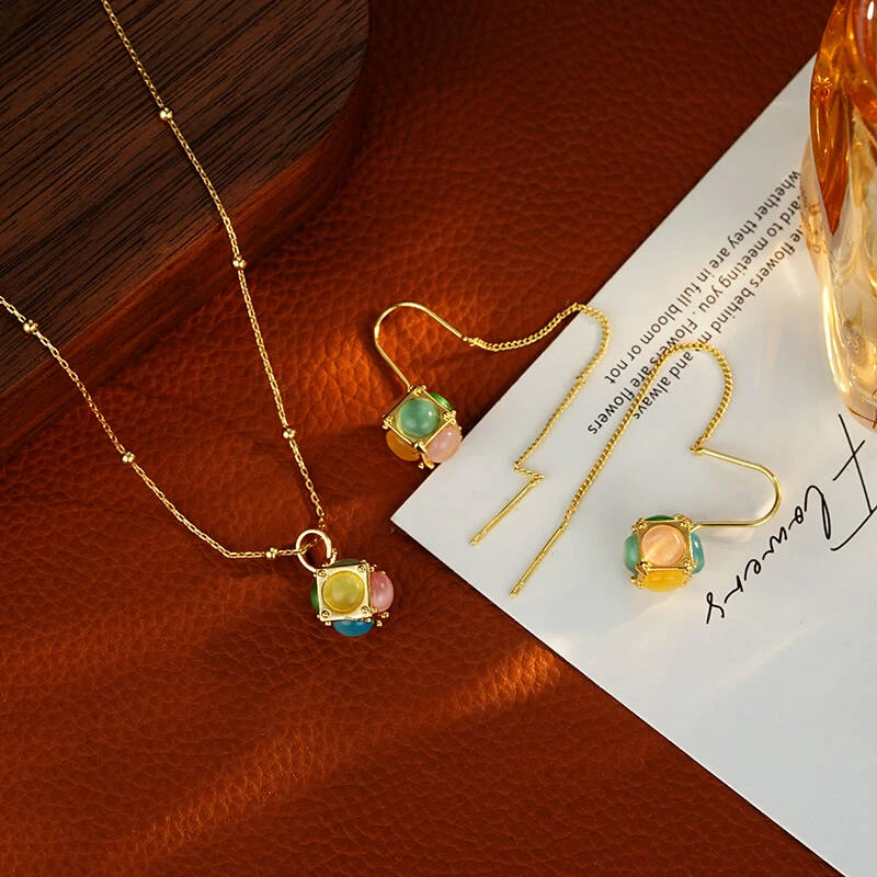 铜合金合成锆石耳饰 5954【魔方溢彩】法式浪漫耳坠魔方彩色耳线