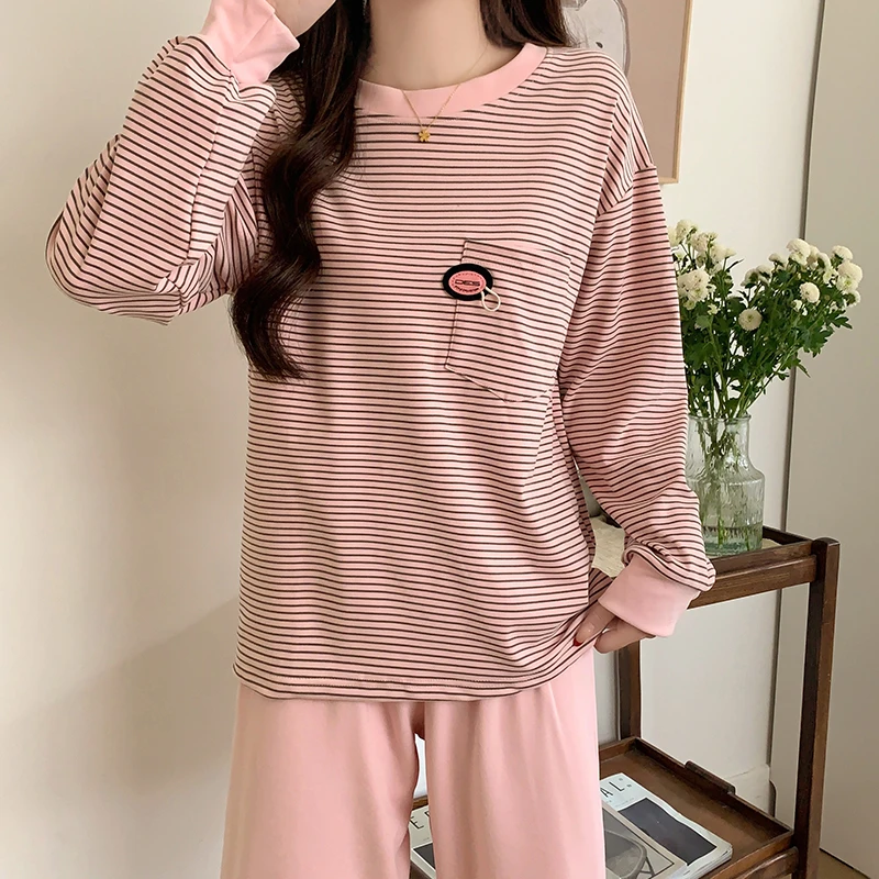 圆领睡衣女款春秋冬季2025新款双面德绒粉色条纹打底上衣保暖套装