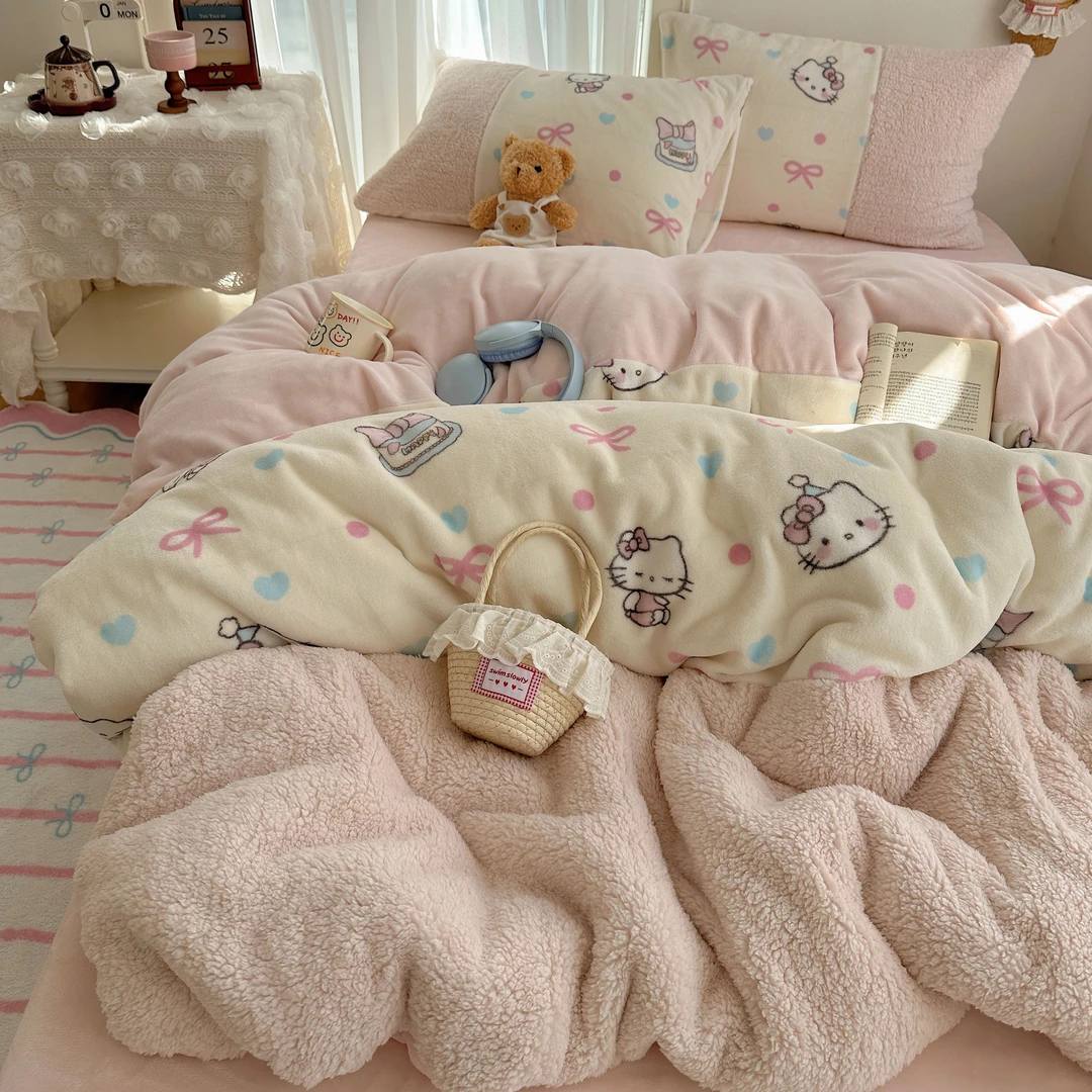 猫咪日记ins韩风甜感羊羔拼接牛奶绒少女风四件套学生三件套床单