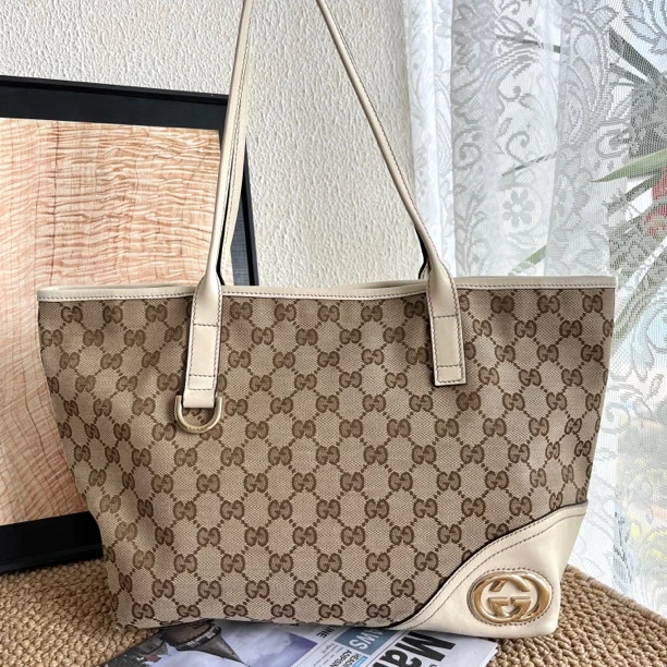 95新 GUCCI/古驰 XM/双G满印老花拼白皮单肩托特包/DH01526021