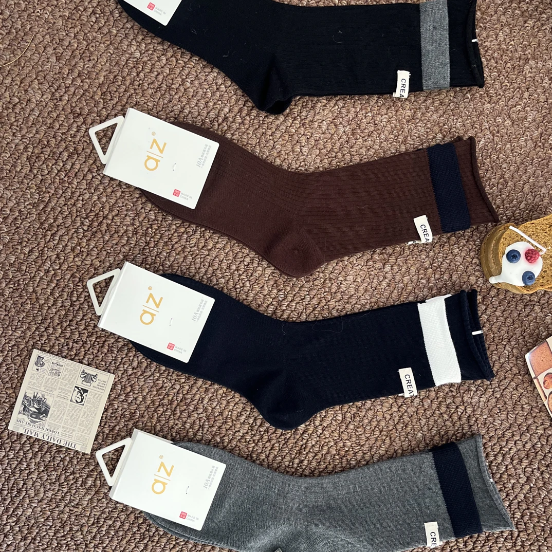 秋冬简约韩系布标袜子小众设计百搭袜子