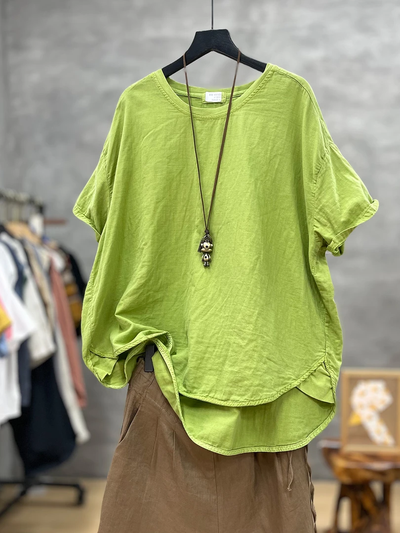 棉麻圆领宽松遮肉显瘦短袖T恤2025新款拼接休闲百搭套头上衣夏装