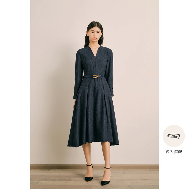 OBBLIGATO奥丽嘉朵2024秋冬新品V领不规则下摆连衣裙1C34505390