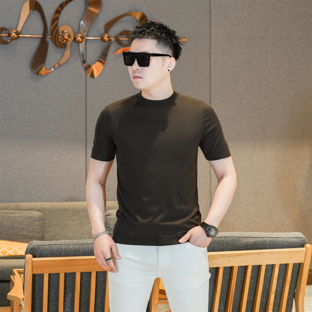 2025新款男士高端欧货极简咖色圆领针织衫修身百搭上衣T恤GL60001