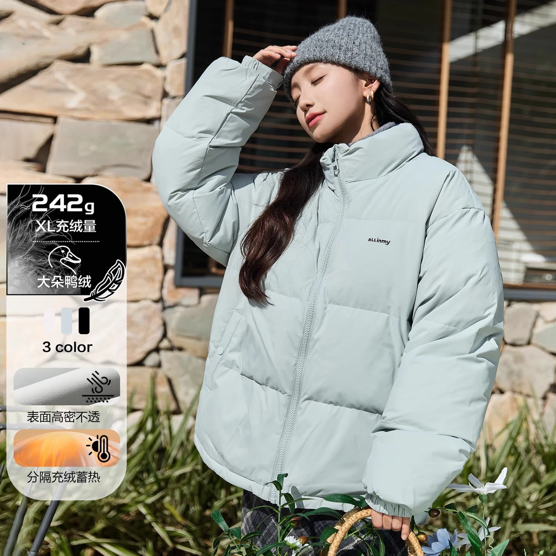 冬季高端短款立领羽绒服男女同款加厚情侣宽松蓝色时尚面包羽绒服