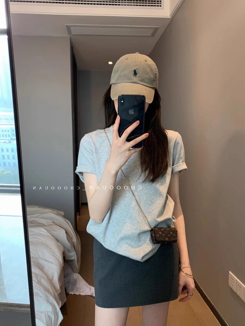 短袖圆领灰色针织吸汗耐磨T恤女夏季显瘦宽松简约高腰百搭上衣潮