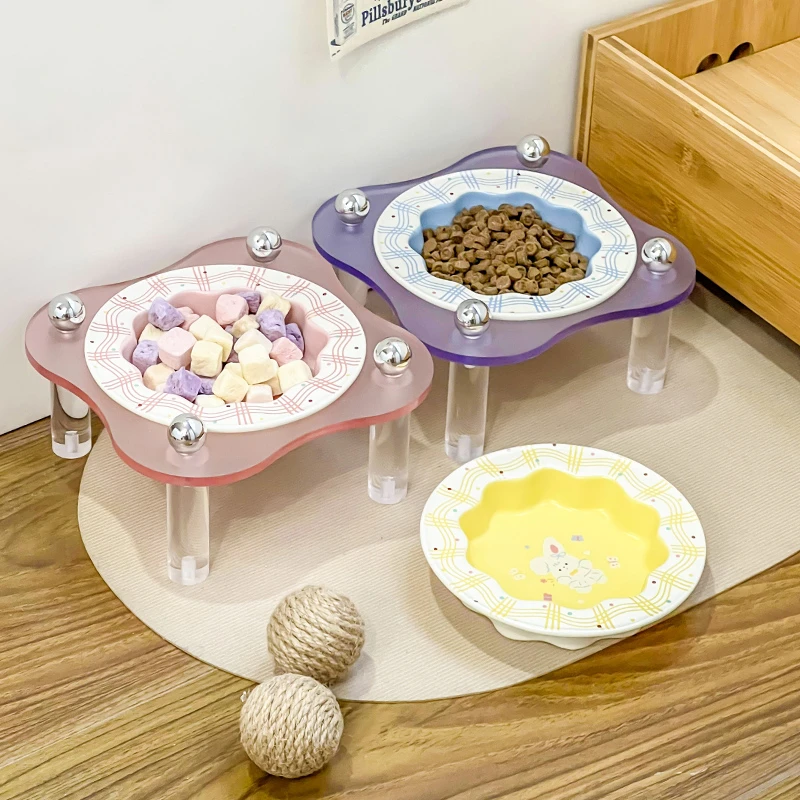 创意卡通钢琴兔宠物碗带碗架家用陶瓷碗可爱猫碗狗碗防打翻喝水碗