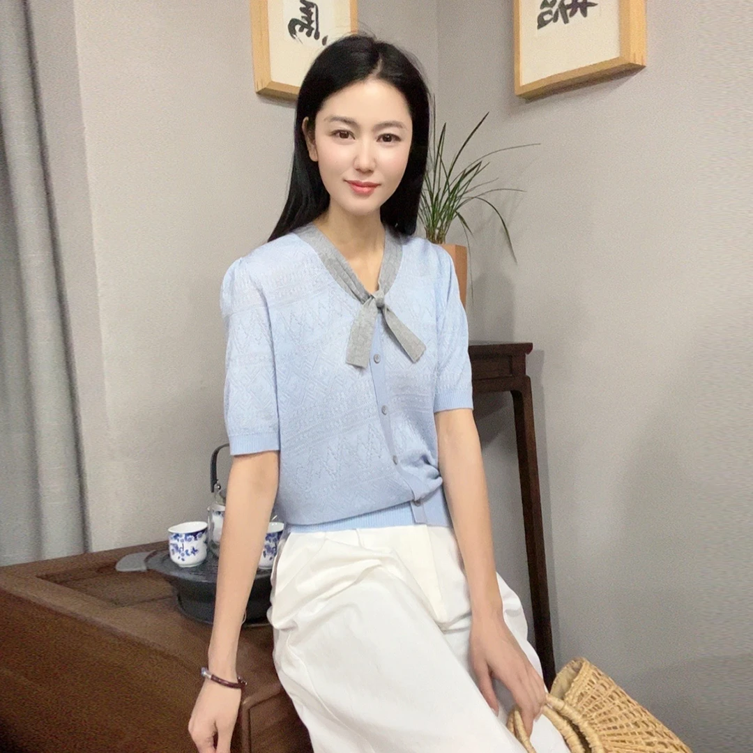 浒城古娘国风新中式针织蝴蝶结宽松羊毛短袖女士针织上衣WG040202
