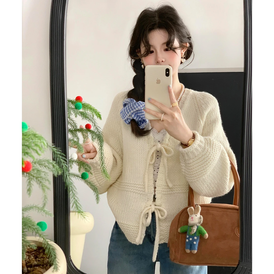 温柔风绑带灯笼袖V领针织开衫女秋季小个子甜美宽松显瘦毛衣外套