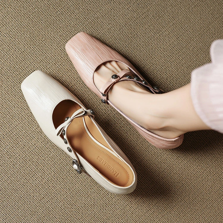 轻奢鞋子新款复古方头粗跟单鞋真皮吸汗浅口羊皮玛丽珍鞋春季百搭