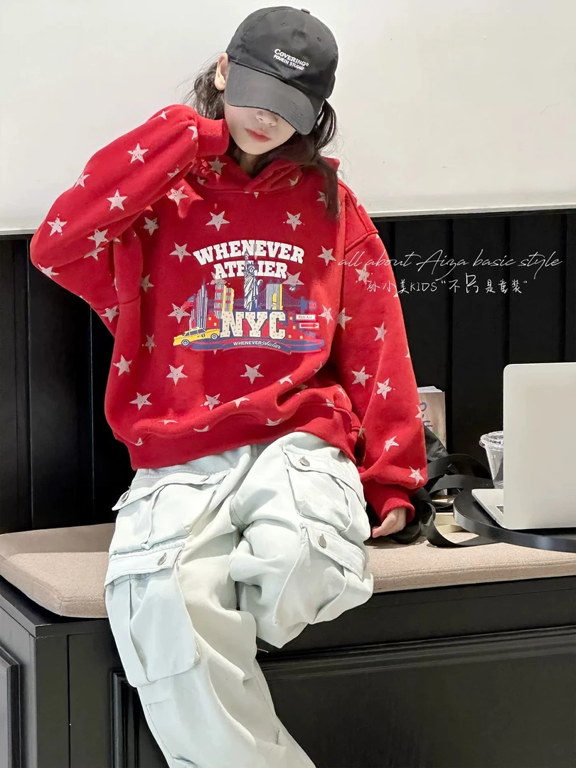 Y14 韩版儿童新款冬款时尚洋气百搭休闲加绒五角星卫衣