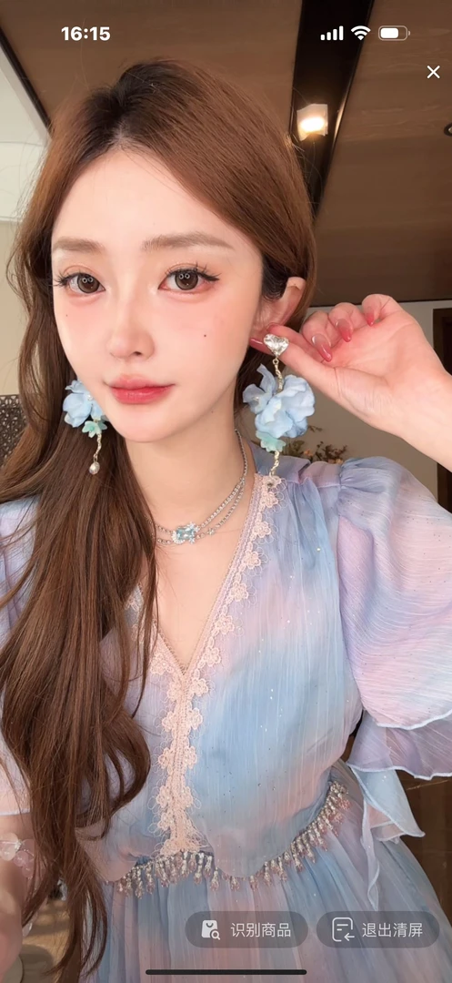 非金属布艺耳饰 夏日蓝色流苏花朵耳钉女高级感风绝美耳饰XP41025