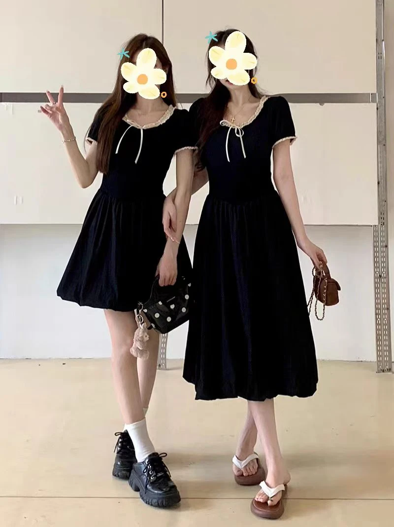 大码法式复古短袖连衣裙女夏季黑色显瘦A字长裙胖MM皱褶气质裙子