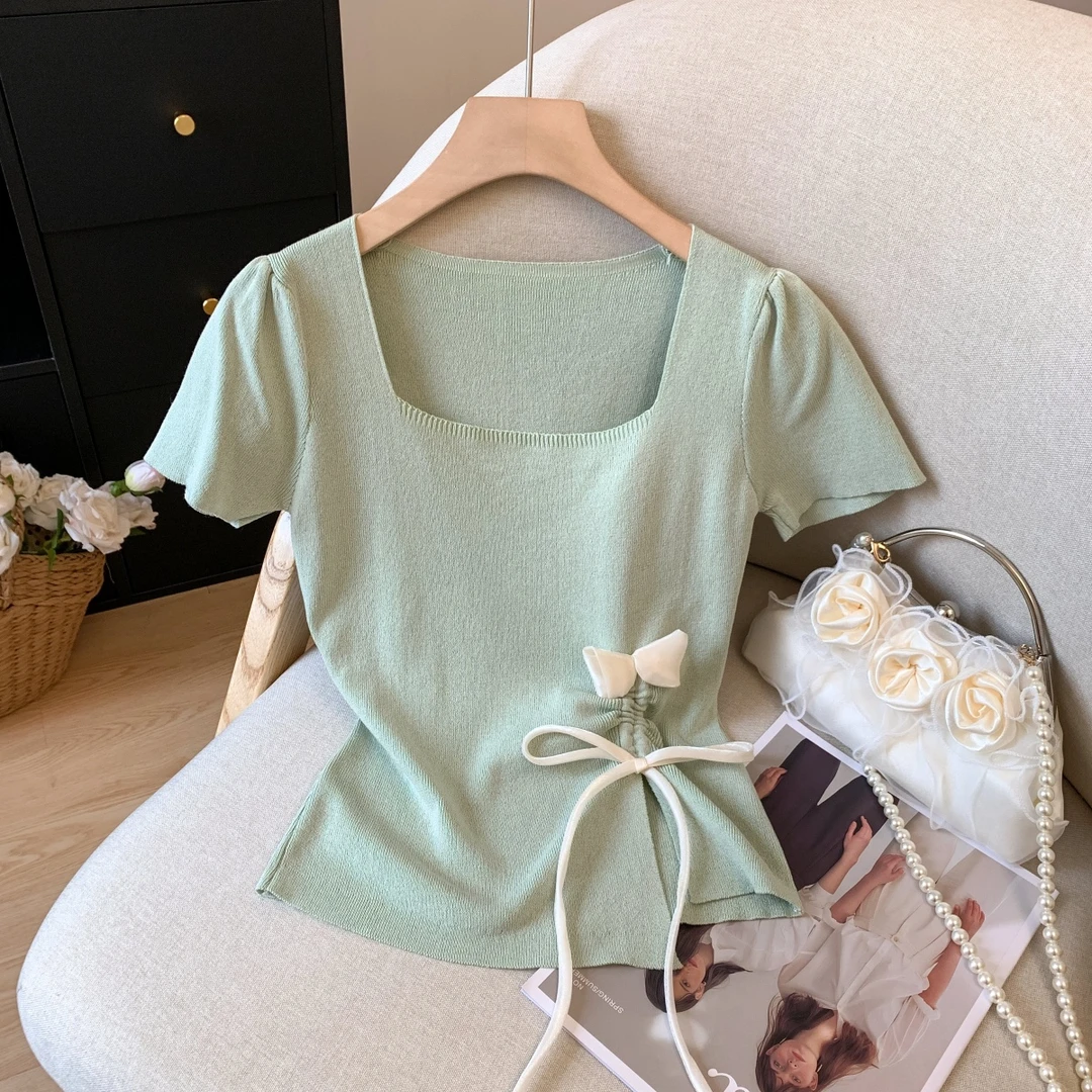 法式轻奢方领针织短袖t恤女夏季新款立体花朵设计感抽绳正肩上衣