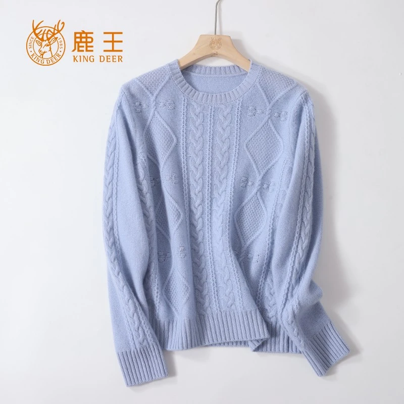 鹿王24秋冬新款女圆领100山羊绒时尚休闲绞花百搭针织套衫 3M660