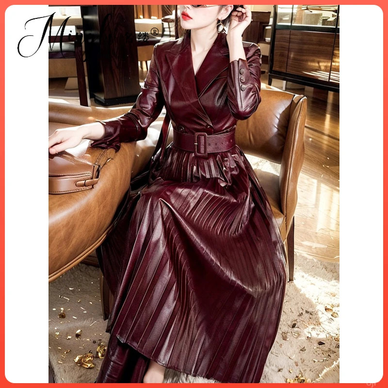 百褶连衣裙皮裙酒红色2025年秋时尚中长版御姐高级感复古大摆收腰