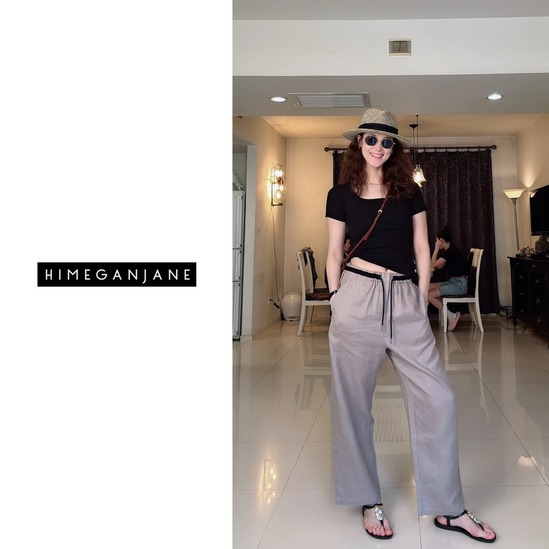HIMEGANJANE 大地色 100进口亚麻 通勤休闲松紧腰九分裤女 40604