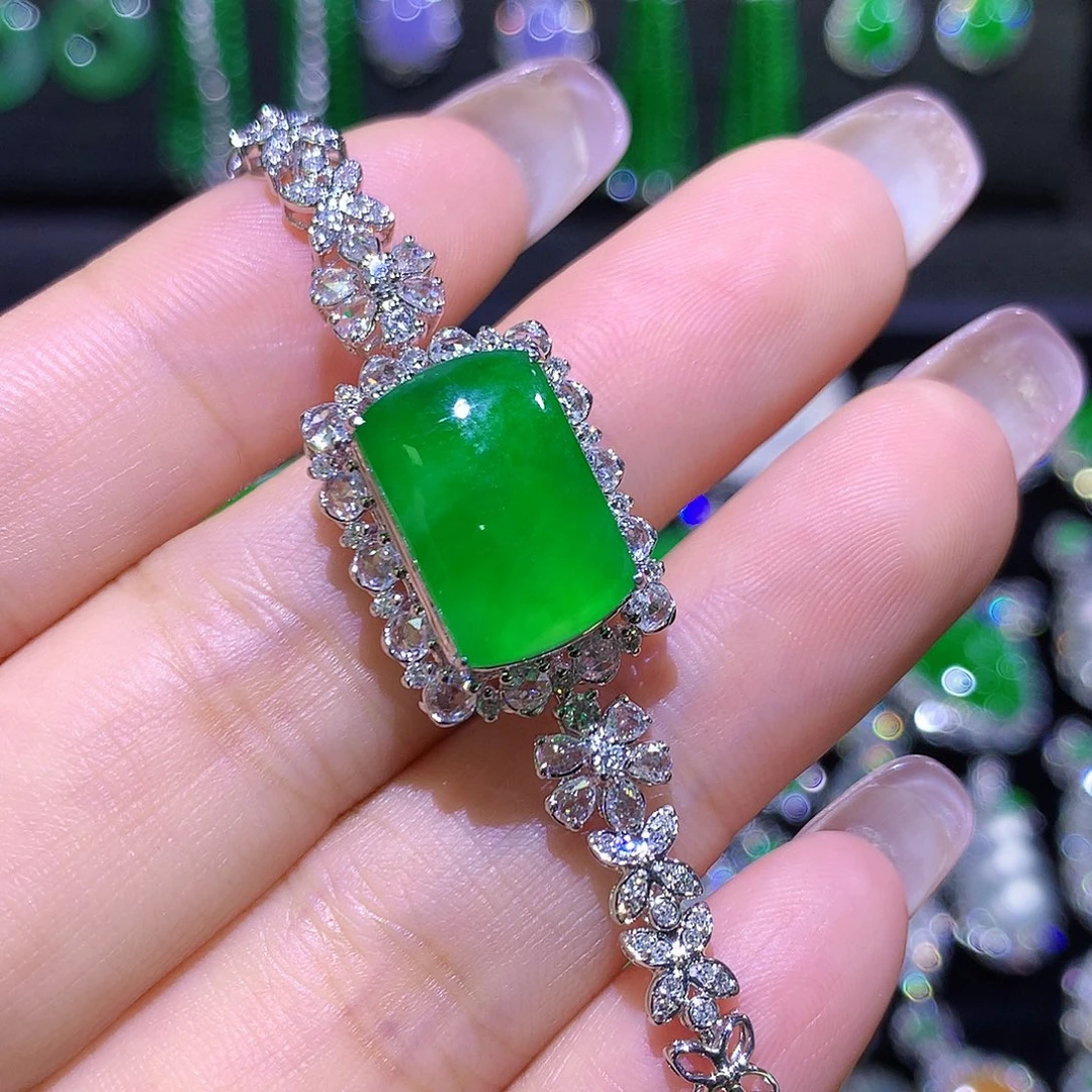 翡翠18K金镶嵌手链高冰满绿