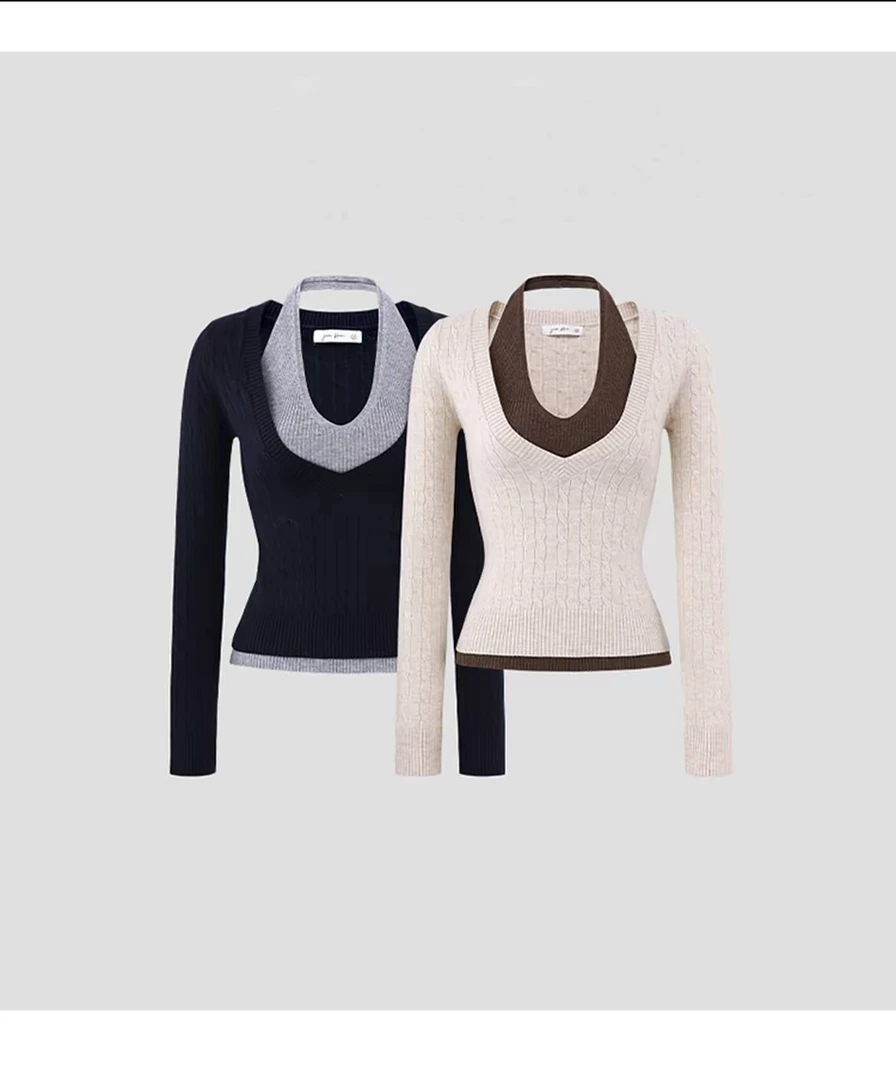 2025新款撞色挂脖V领假两件修身针织女长袖百搭打底衫上衣