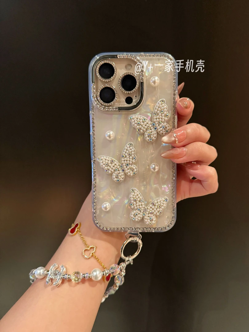 贝母纹蝴蝶闪钻适用苹果17promax手机壳全包iPhone16/15/14/13/12