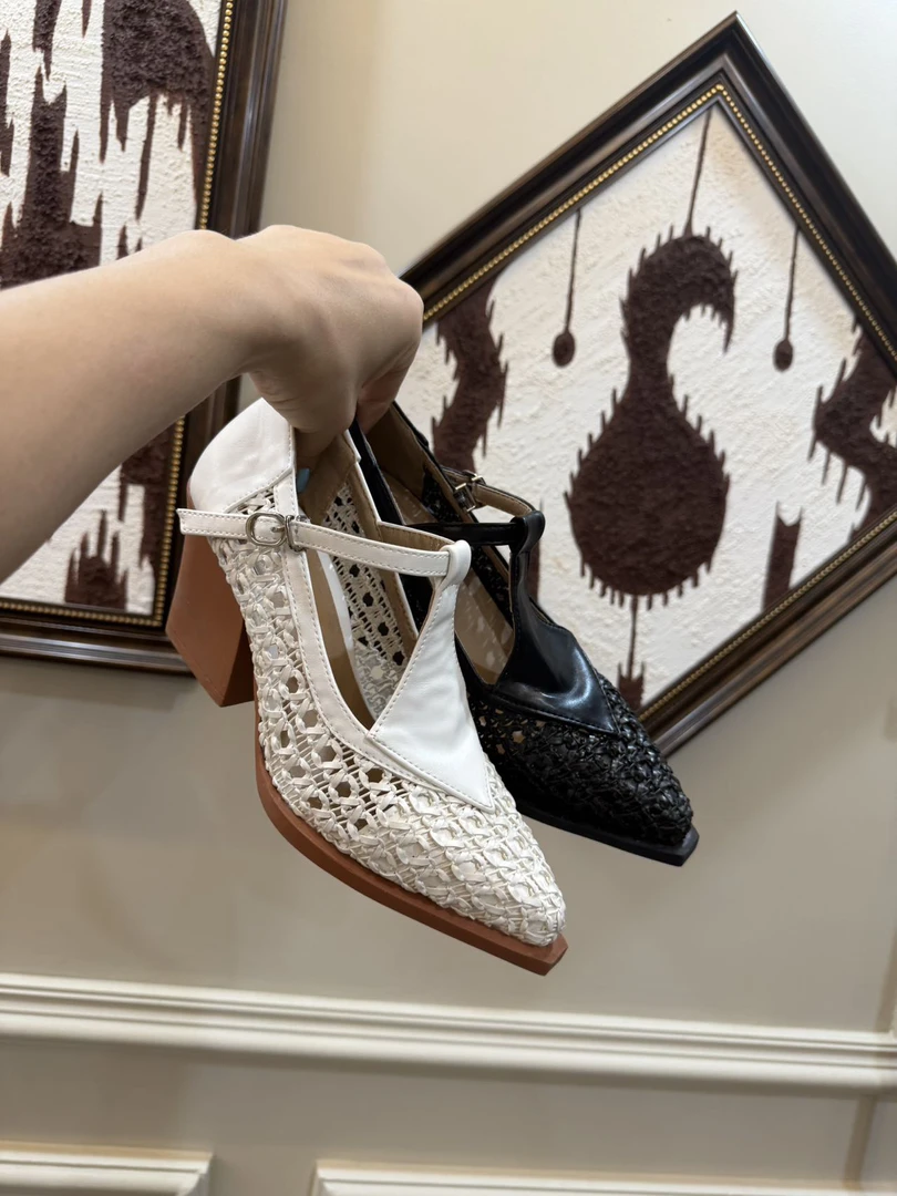 066-15粗跟夏季编织防滑纯色镂空单鞋跟鞋春夏欧若假日风