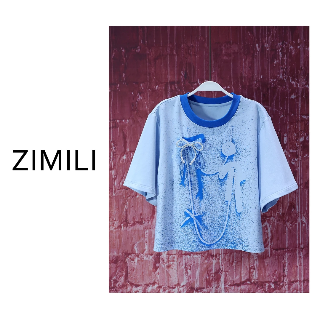 【亮哥女装】2025欧货设计师冷雾蓝撞色印花时尚气质短袖7166-B4