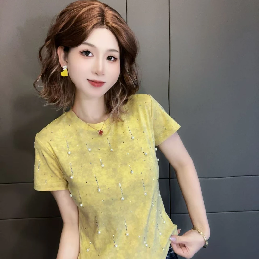2025新款短袖 扎染流星烫钻设计短袖T恤女显瘦百搭上衣3283