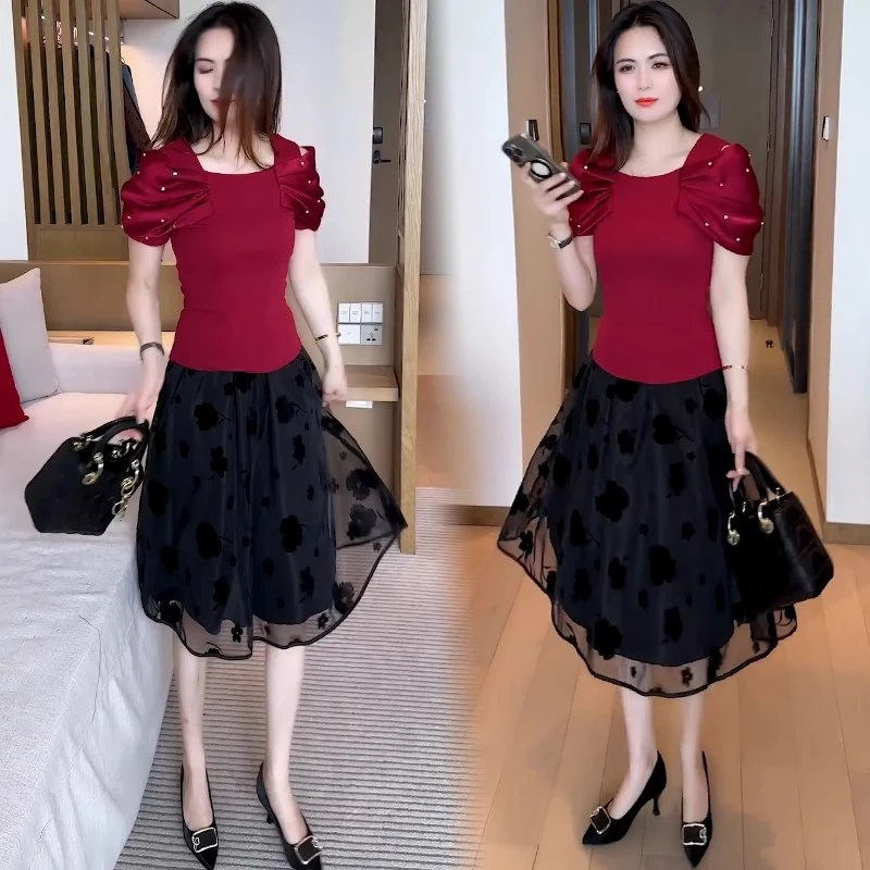 时尚连衣裙套装女2025夏季新款洋气显瘦减龄短袖上衣网纱裙两件套