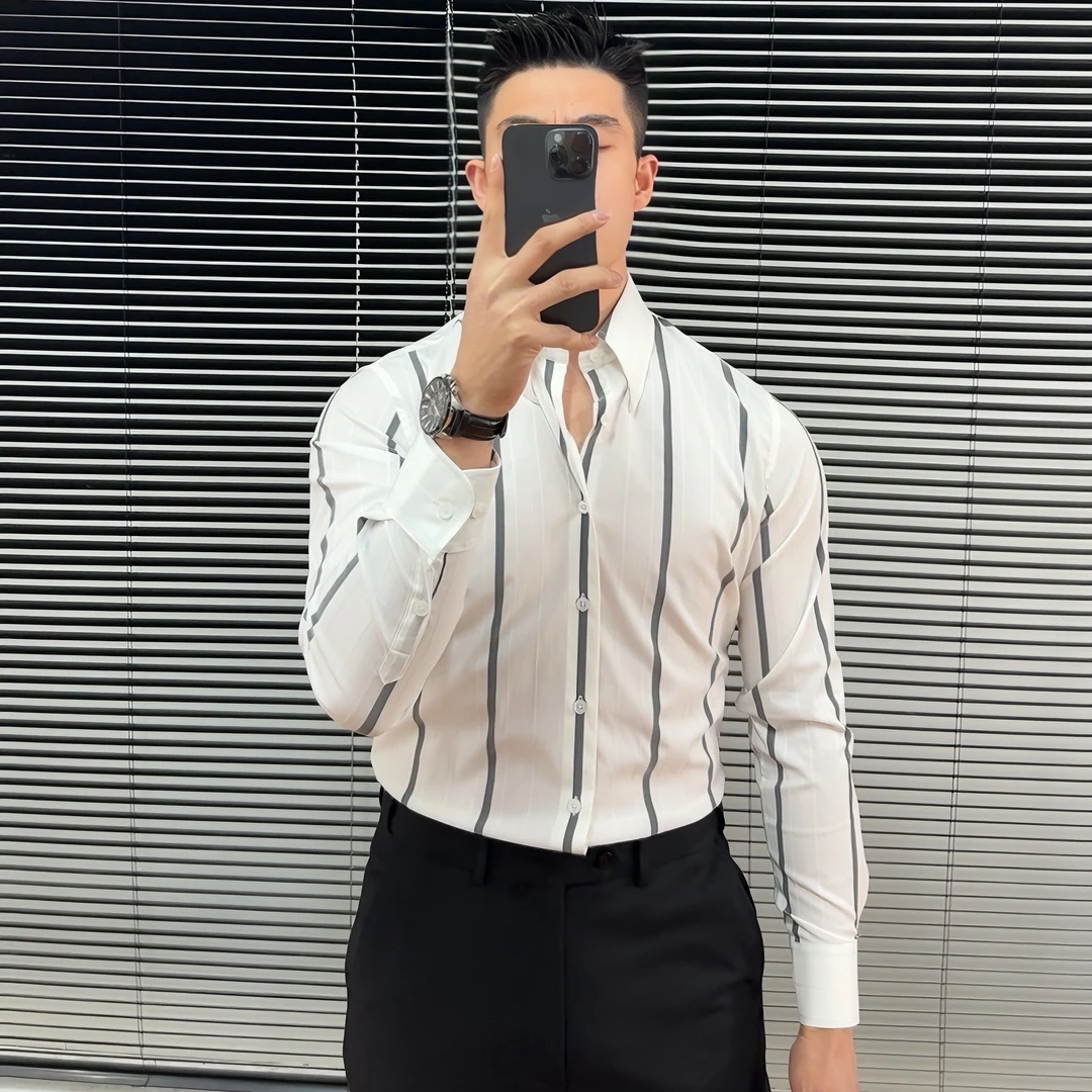 春季男装修身休闲衬衫男士个性休闲条纹衬衣痞帅休闲百搭帅气韩版