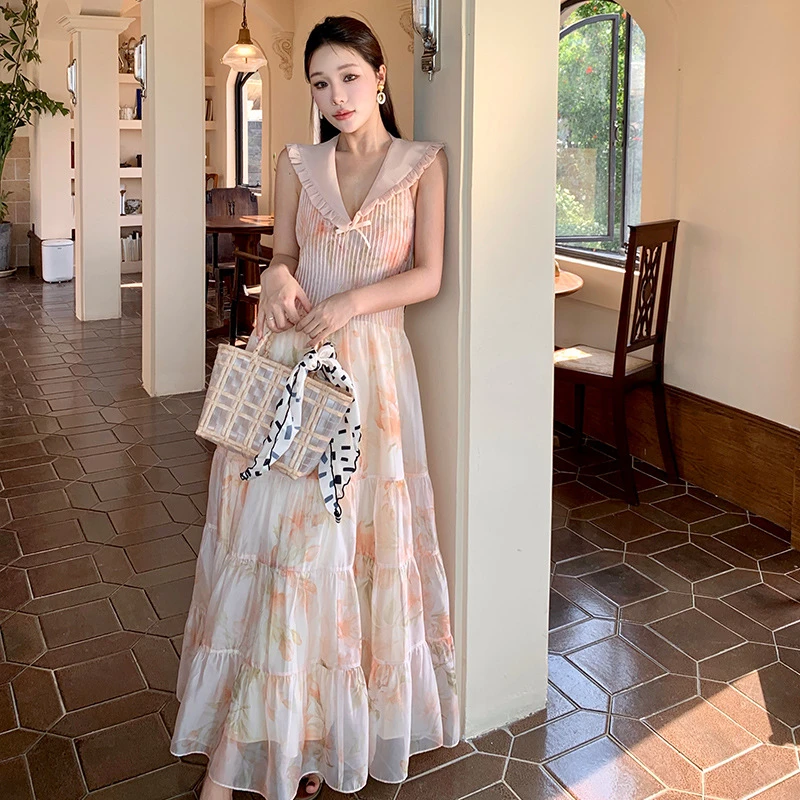 法式重工欧根纱印花连衣裙女夏季新款气质v领露背收腰仙女长裙子