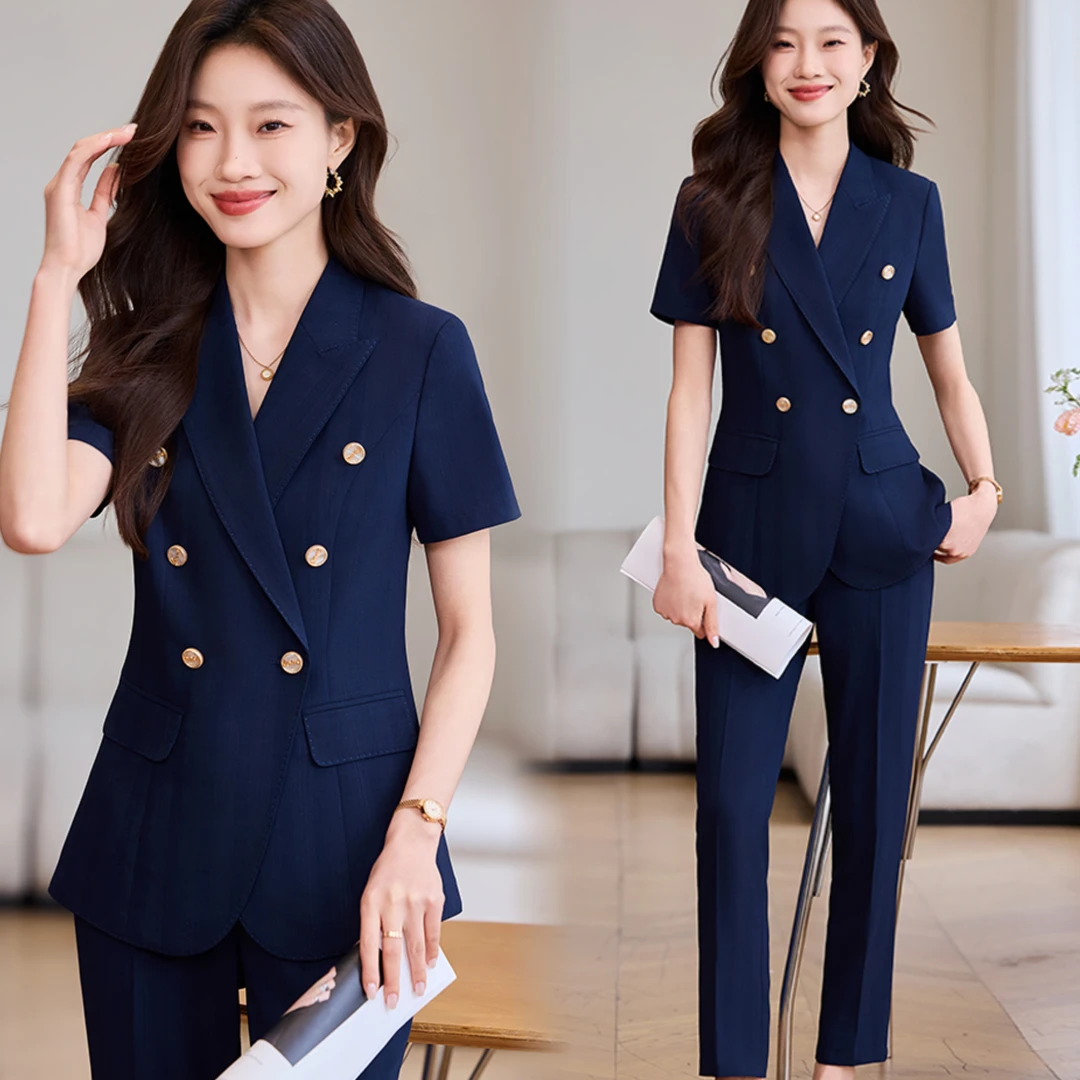 夏季新款粉色短袖西装套装女小个子女士修身职业装夏季薄款工作服