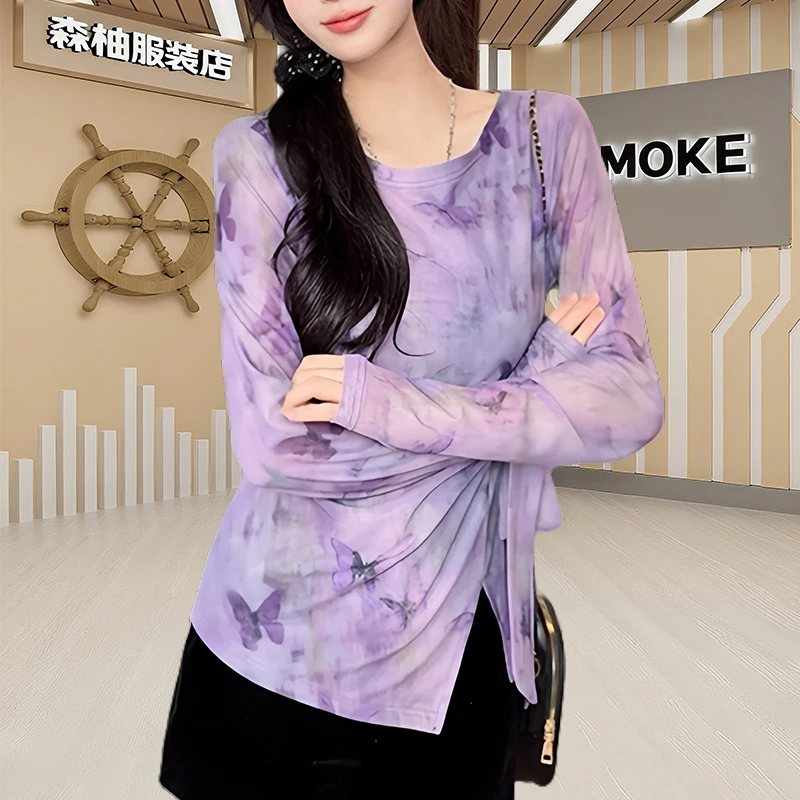 2025新款蝴蝶结网纱打底衫长袖T恤女修身显瘦百搭高级感上衣春秋