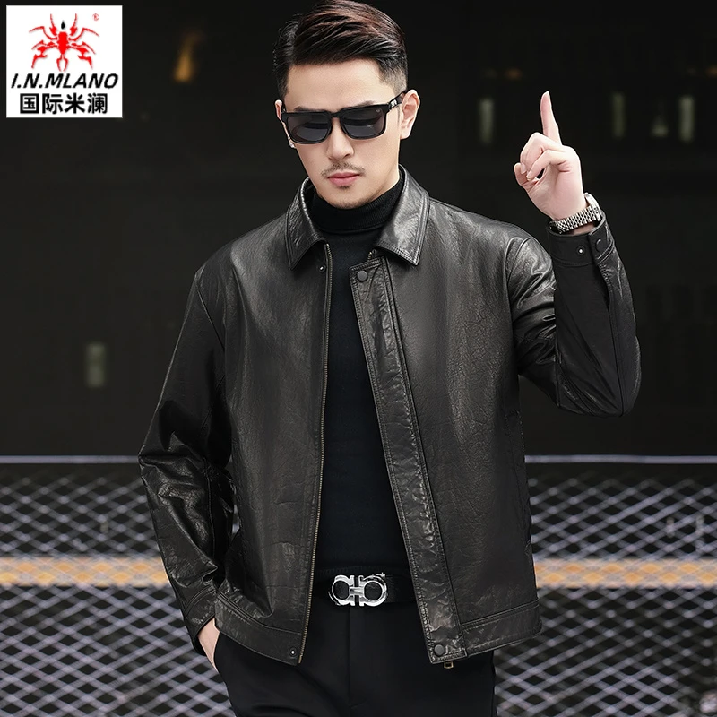 【牛皮】春季新款真皮皮衣男士短款头层牛皮翻领油蜡机车皮夹克外套