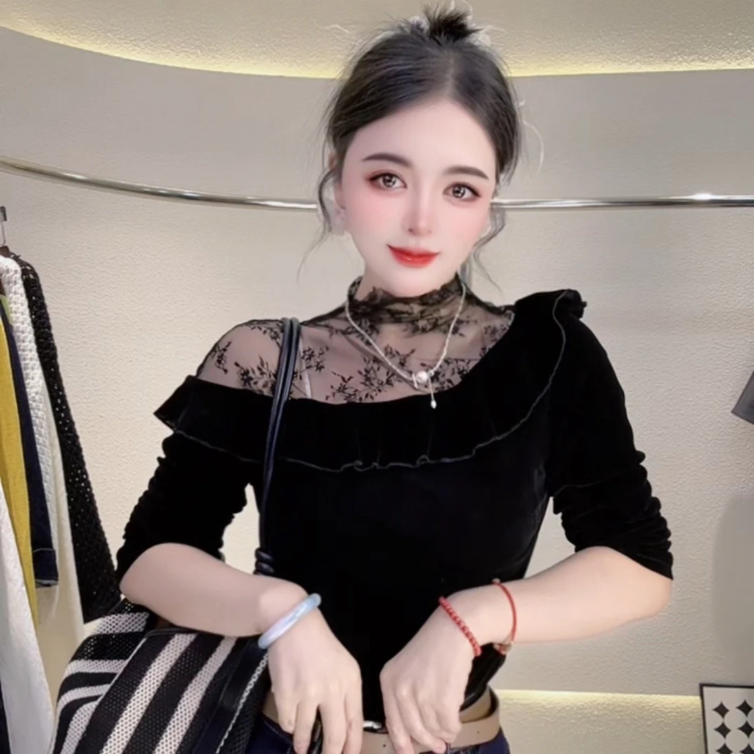 法式蕾丝拼接木耳边斜肩针织上衣女秋季新款内搭打底衫设计感小众