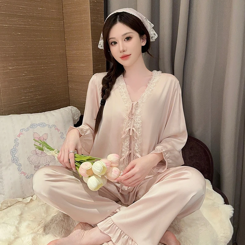 春季新款冰丝薄款长袖套装纯色睡衣女春天家居服女士薄款