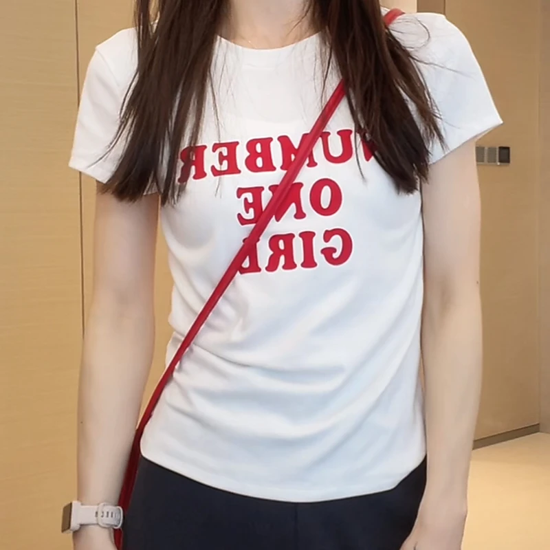 2025夏季新款圆领运动T恤女透气简约休闲百搭短袖女白色上衣ins潮