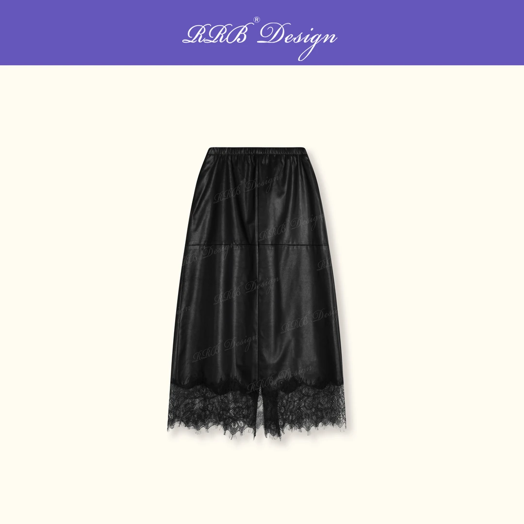 RRB Design 「黑胶片」摩登环保皮拼接蕾丝松紧腰气质半身裙皮裙