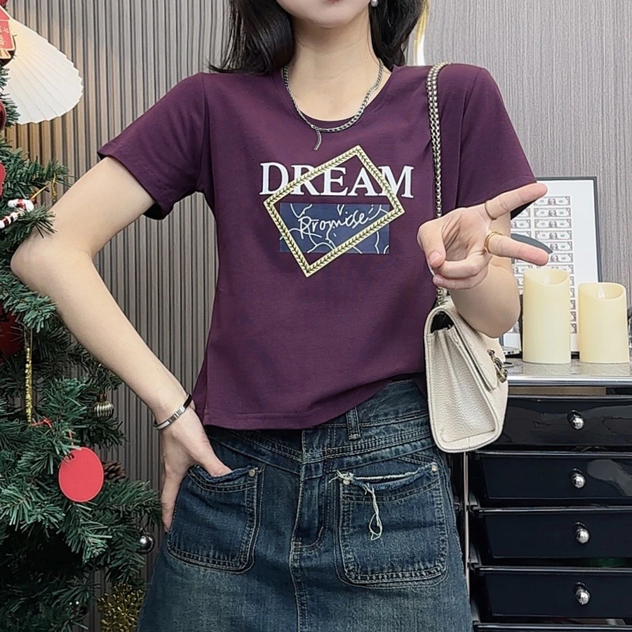 黄色方框时尚夏季新款短袖t恤显瘦正肩圆领女休闲百搭女式