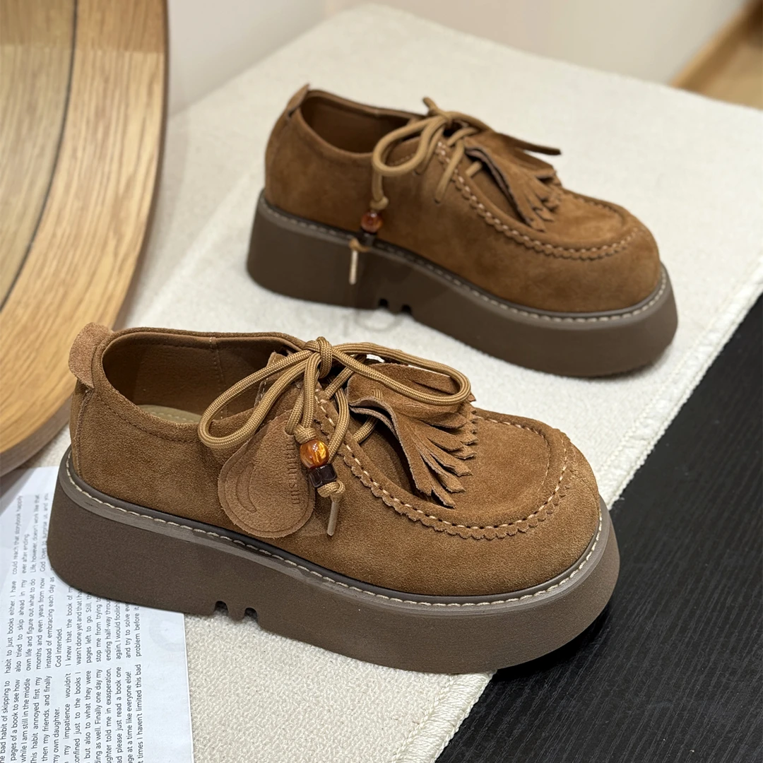 真皮流苏系带复古松糕勃肯鞋女2025新款秋厚底小众高级感磨砂单鞋