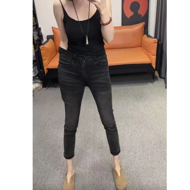飞芊娅秋季新款高腰休闲小脚裤女款修身显瘦小个子九分铅笔牛仔裤