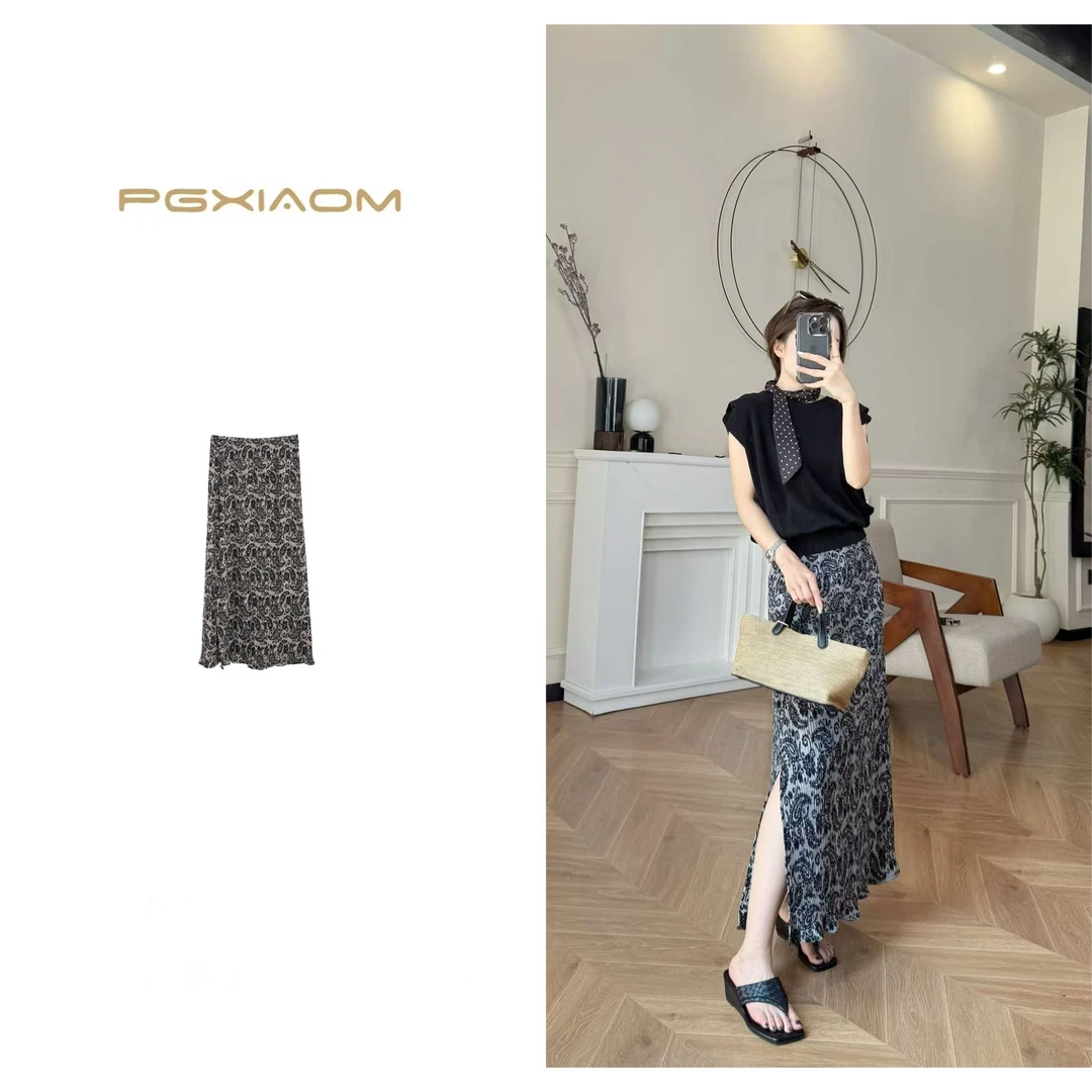 【PGXIAOM】润秀定制灰色复古花纹侧开叉褶皱半身裙QZ4198